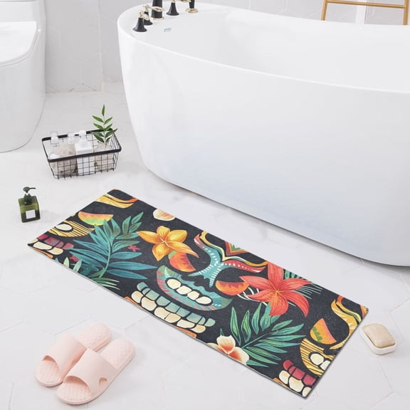 Bath Mat Soft Plush Non-Slip Absorbent Bathroom Rugs 39"x20" Tropical Totem Mask Flower