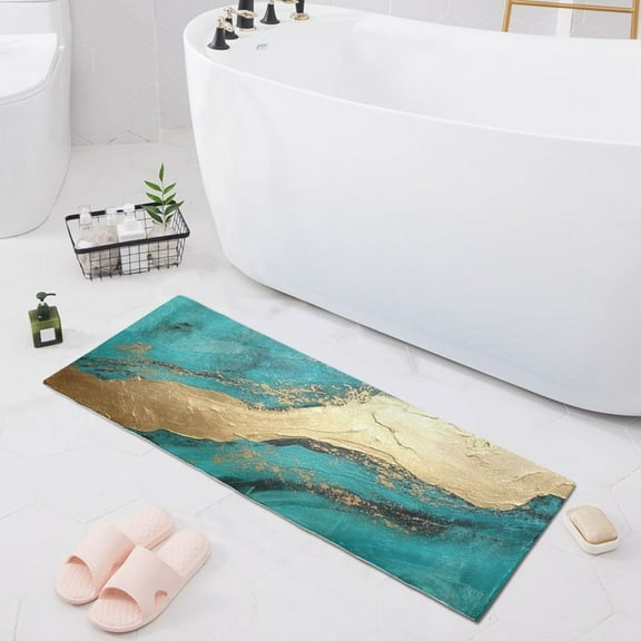 Bath Mat Soft Plush Non-Slip Absorbent Bathroom Rugs 39"x20" Turquoise Gold Marble