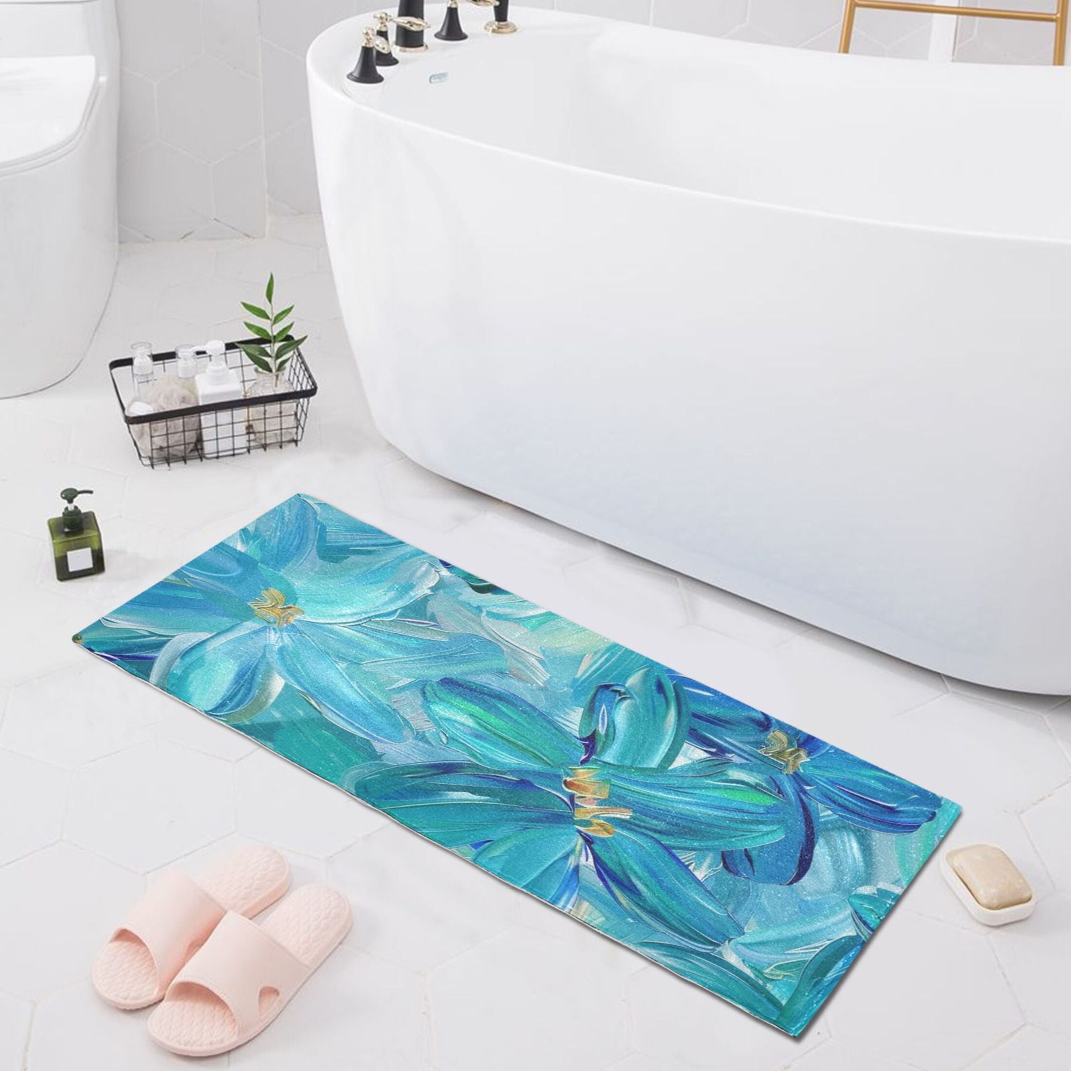 Bath Mat Soft Plush Non-Slip Absorbent Bathroom Rugs 39"x20" Turquoise and Blue Flowers