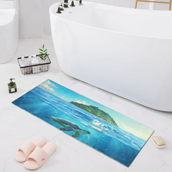 Bath Mat Soft Plush Non-Slip Absorbent Bathroom Rugs 39"x20" Turtle Swimming and Island