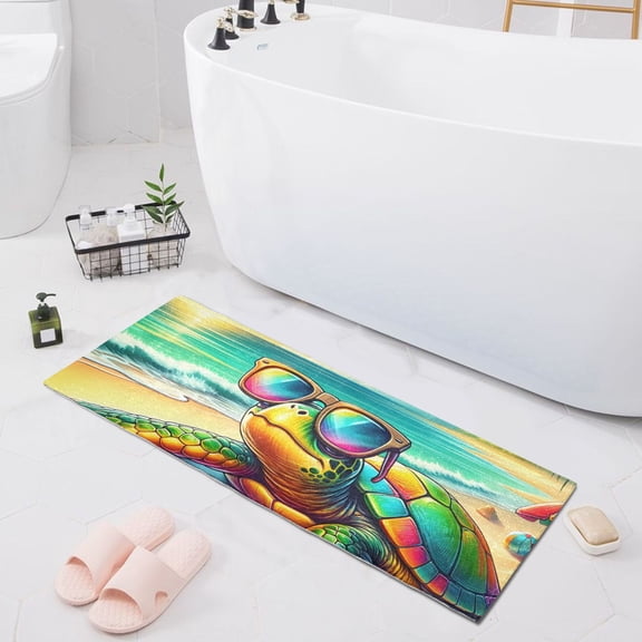 Bath Mat Soft Plush Non-Slip Absorbent Bathroom Rugs 39"x20" Turtle with Sunglasses and Beach