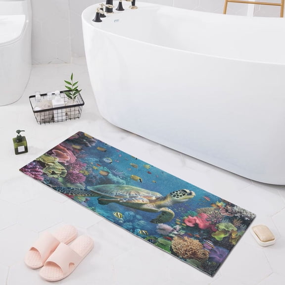 Bath Mat Soft Plush Non-Slip Absorbent Bathroom Rugs 39"x20" Undersea Turtle and Fish