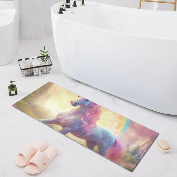 Bath Mat Soft Plush Non-Slip Absorbent Bathroom Rugs 39"x20" Unicorn Rainbow Flower