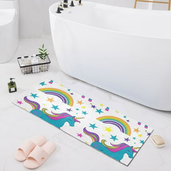 Bath Mat Soft Plush Non-Slip Absorbent Bathroom Rugs 39"x20" Unicorn Rainbow Stars