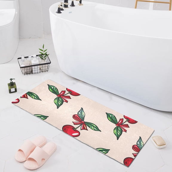 Bath Mat Soft Plush Non-Slip Absorbent Bathroom Rugs 39"x20" Valentine with Cartoon Cherry Bow