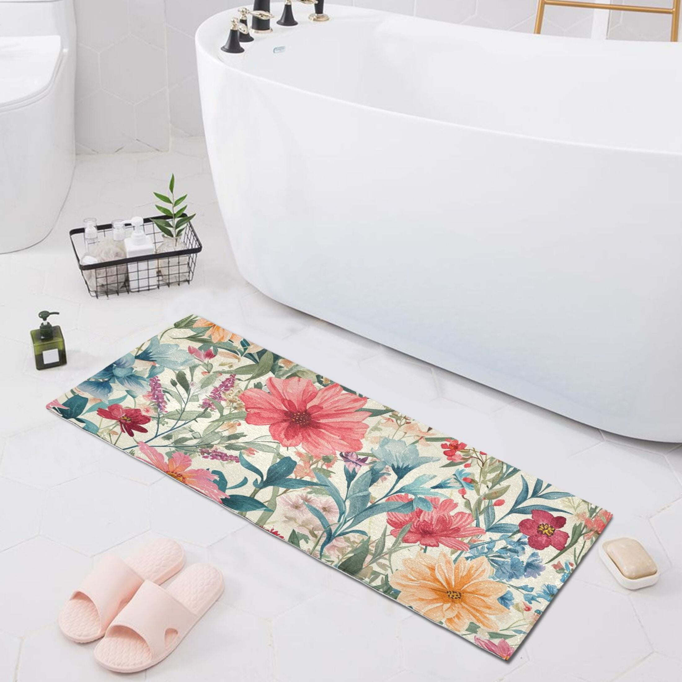 Bath Mat Soft Plush Non-Slip Absorbent Bathroom Rugs 39"x20" Watercolor Blooming Wildflowers