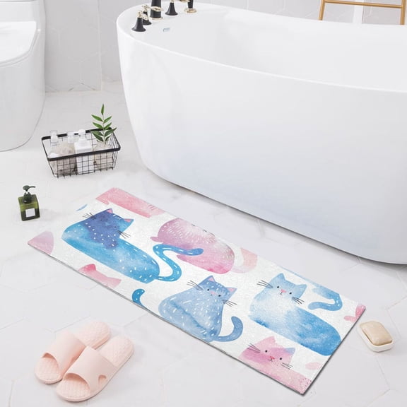 Bath Mat Soft Plush Non-Slip Absorbent Bathroom Rugs 39"x20" Watercolor Cute Cats