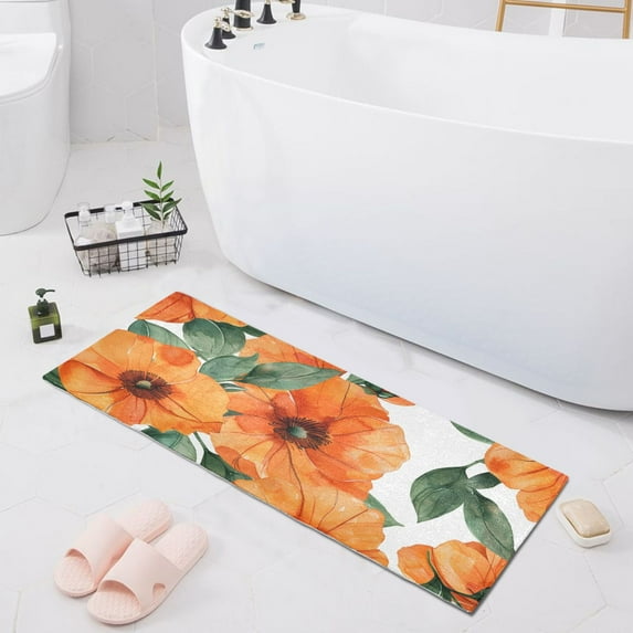 Bath Mat Soft Plush Non-Slip Absorbent Bathroom Rugs 39"x20" Watercolor Orange Flowers