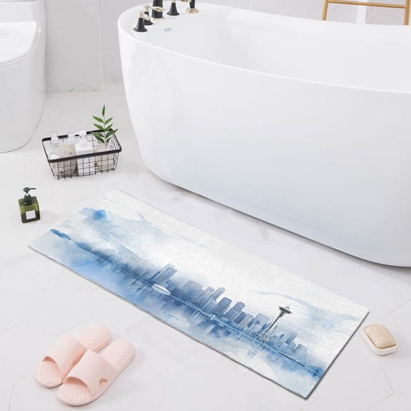 Bath Mat Soft Plush Non-Slip Absorbent Bathroom Rugs 39"x20" Watercolor Seattle Skyline