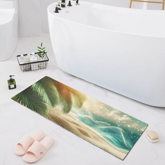 Bath Mat Soft Plush Non-Slip Absorbent Bathroom Rugs 39"x20" Waves Beach Tree