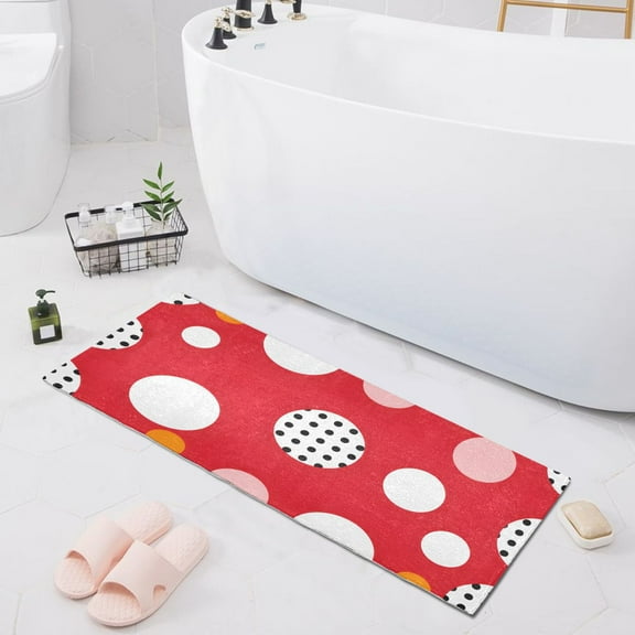 Bath Mat Soft Plush Non-Slip Absorbent Bathroom Rugs 39"x20" White Polka Dots on Red