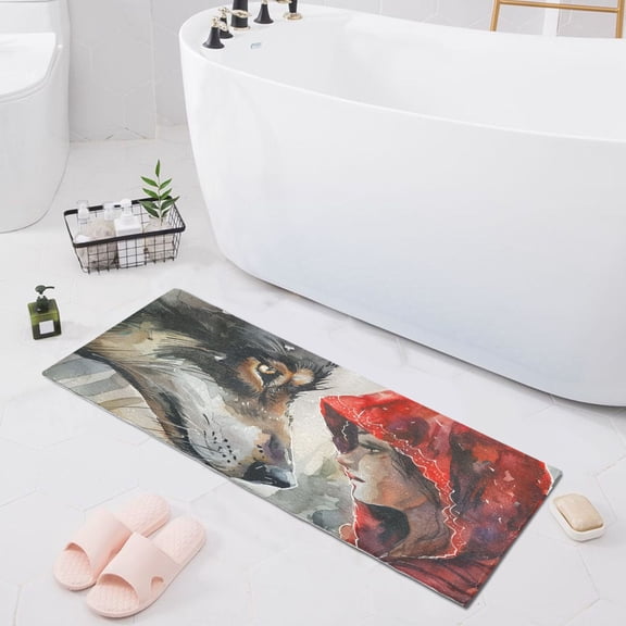 Bath Mat Soft Plush Non-Slip Absorbent Bathroom Rugs 39"x20" Wolf and Red Clothed Girl