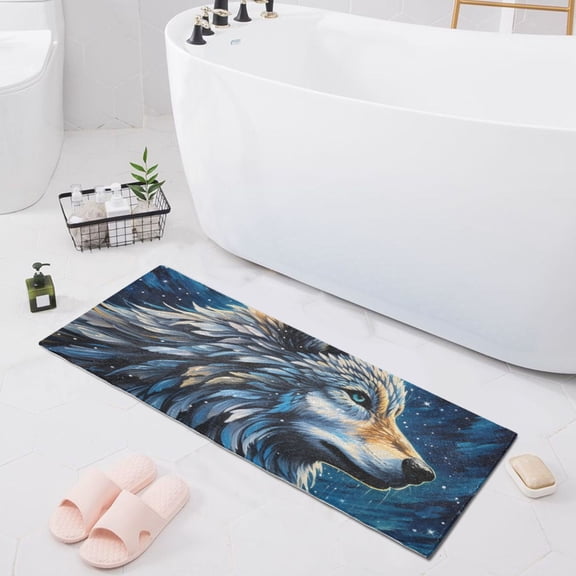 Bath Mat Soft Plush Non-Slip Absorbent Bathroom Rugs 39"x20" Wolf under Night Sky