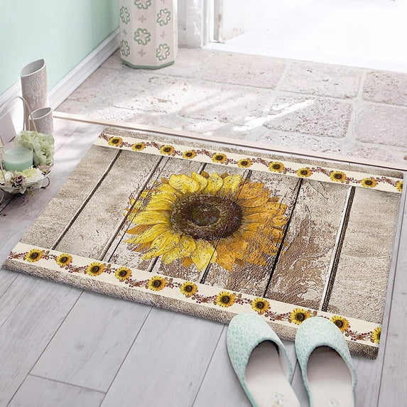 Bath Mat Summer Fresh Sunflower Rustic Old Wooden Board Indoor Outdoor Entrance Door Mat Non-Slip Bath Rug Bathmat Decor Small Area Rug Carpet Kitchen Door Mats Floor Mats 30 x18 Inch