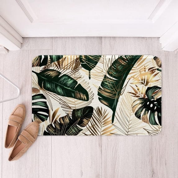 Bath Mat Tropical Leaves Golden Green Leaf Botanical Leaf Indoor Outdoor Doormat Durable Front Door Mats Entryway Rugs Non-Slip Floor Mat Entrance Rugs Bath Rug Kitchen Rugs 32 x 20 in