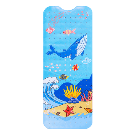Bath Mat Tub for Kids, 40 X 16 Inch Extra Long Kids Bathtub Mat Non Slip, Cartoon Patterned Bath Tub Shower Mat Anti Slip with Suction Cups & Drain Holes, Machine Washable, Blue Whale