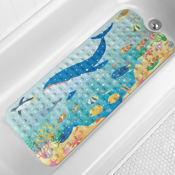 Bath Mat for Tub for Kids, Whales and Fish Kids Bathtub Mat, Kids Bath Mats for Bathroom Non Slip with Drain Holes and Suction Cups,Machine Washable (40 X 16 Inch)