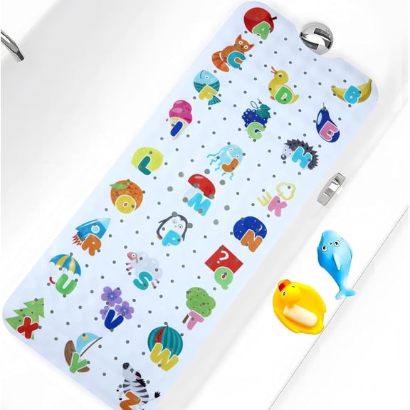 Bath Mat for Tub Non Slip Bathtub Mat Extra Long 40X16 Inch Toddler Bath Tub Shower Mat Anti Slip with Suction Cups & Drain Holes, Machine Washable (Alphabet)