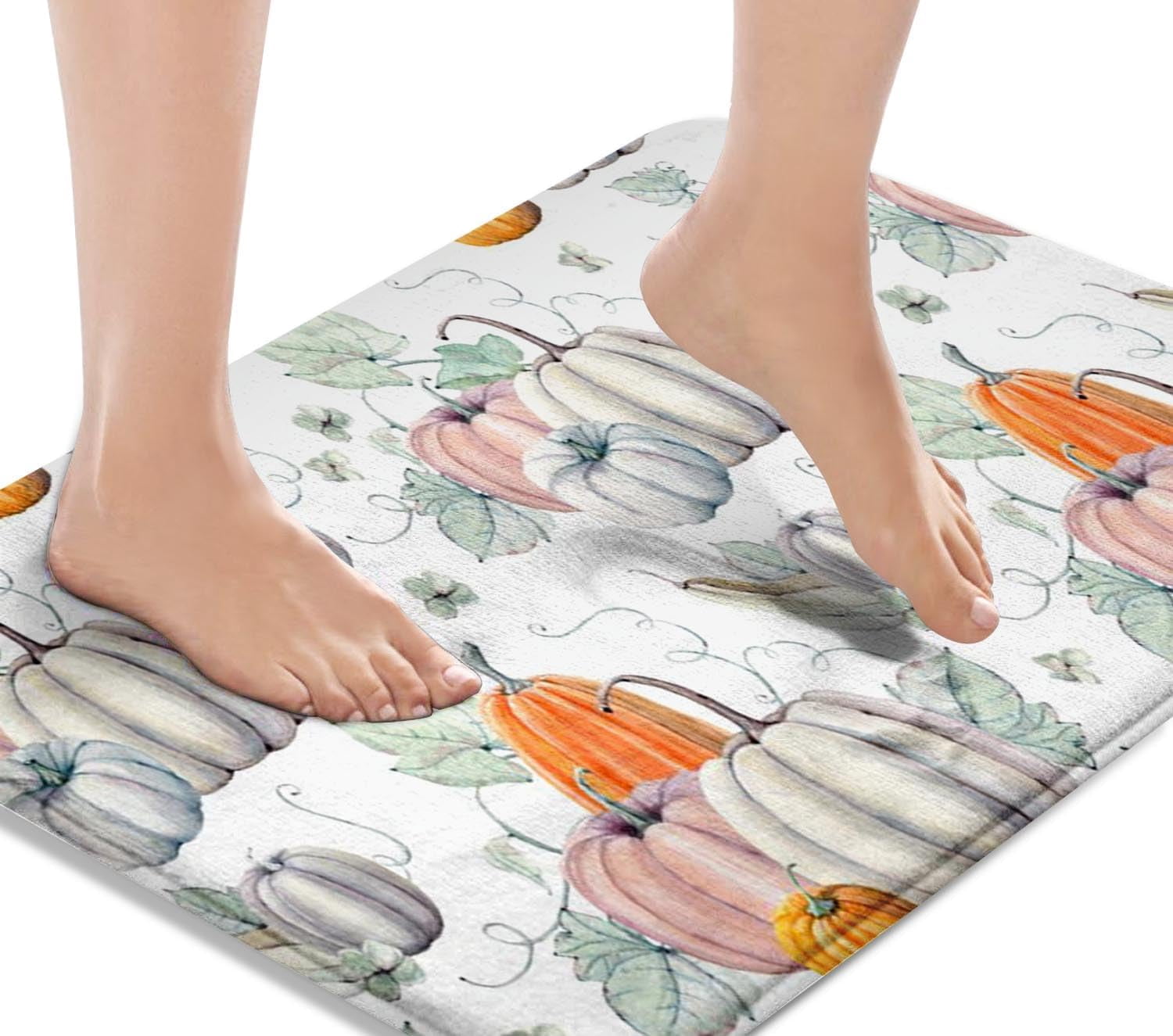 Bath Mat for Bathroom Autumn Thanksgiving Pumpkin White Orange Bathroom Rug No Silp,Cover Floor Rug Floor Mat 18x30 lnches Bathroom Decoration
