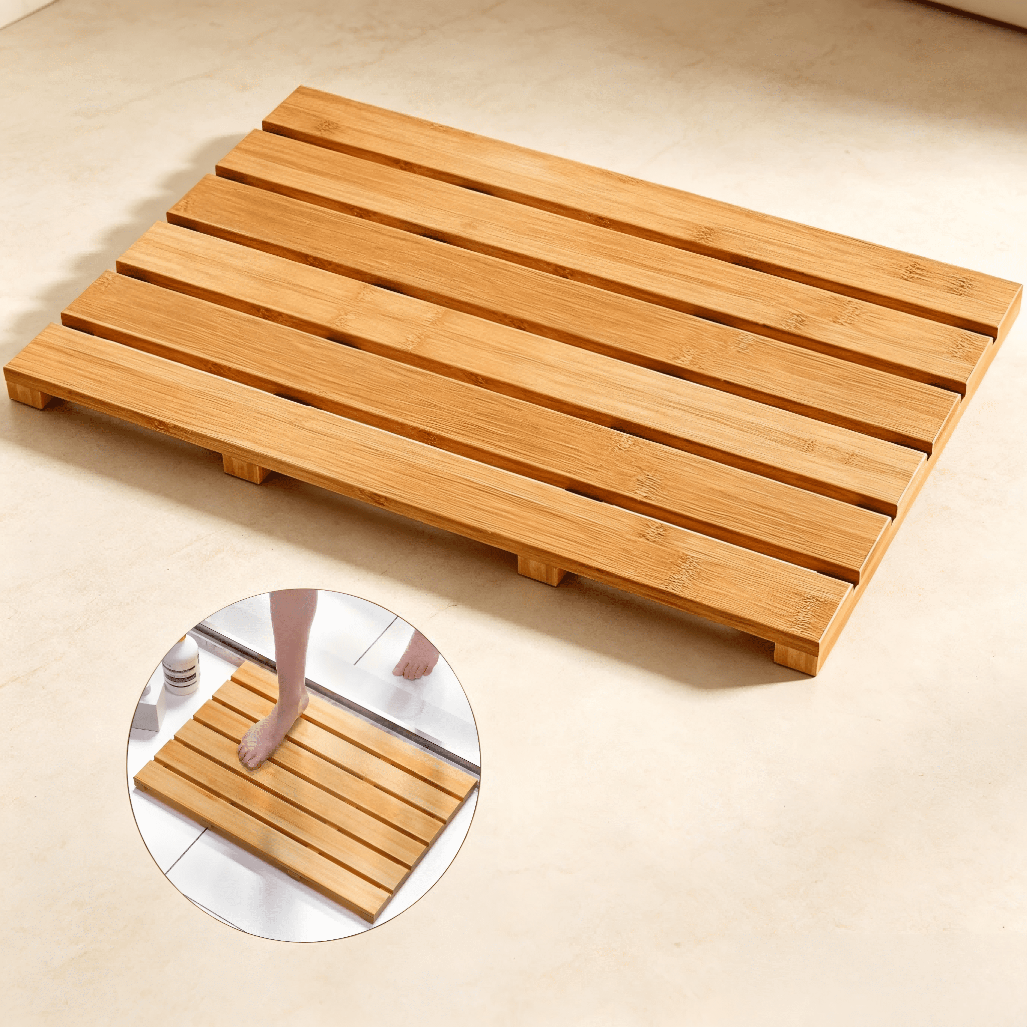 Bamboo Bath Mat, Non-Slip Shower Mat for Bathroom, 21x14in, Natural Waterproof Sturdy Bathroom Carpet for Indoor or Outdoor Use