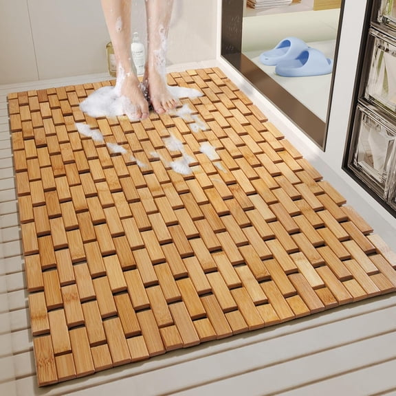 Bath Mat for Luxury Shower, Non-Slip Bamboo Sturdy Waterproof Bathroom Carpet for Sauna Spa Steps Decor and Accessory, Dark Khaki, 24" x 36"
