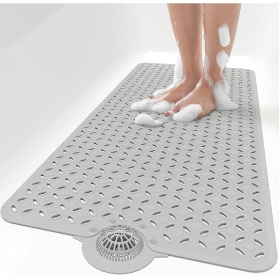 Bath Mat for Tub Non Slip: 39" X 17" Long Bathtub Mat with Hair CatcherBig Drain Holes Shower Mats for Inside ShowerMachine Washable (Grey)