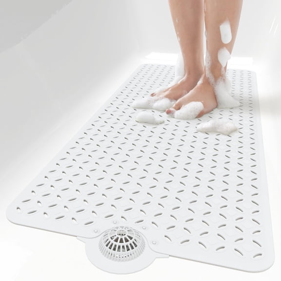 Bath Mat for Tub Non Slip: 39" X 17" Long Bathtub Mat with Hair Catcher│Big Drain Holes Shower Mats for Inside Shower│Machine Washable (Grey)