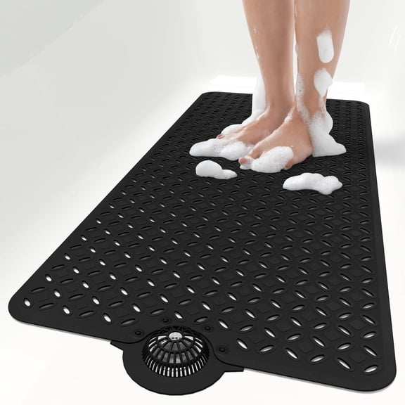 Bath Mat for Tub Non Slip: 39" X 17" Long Bathtub Mat with Hair CatcherBig Drain Holes Shower Mats for Inside ShowerMachine Washable (Grey)