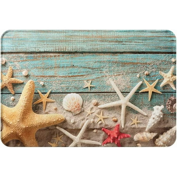 Bath Mats for Bathroom Non-Slip 16"x24" Seashell Starfish and Beach Sand on Blue Wooden Background Summer Soft Cozy Bath Rug Washable for Indoor Shower Tub Decor