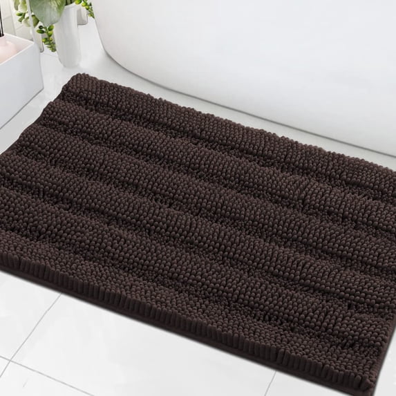 Bath Mats for Bathroom Non Slip Extra Thick Chenille Striped Bath Rug 24" x 36" Absorbent Non Skid Fluffy Soft Shaggy Rugs Washable Plush Mats for Indoor, Bath Room, Tub - Chocolate
