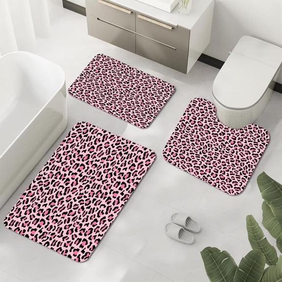 Bath Mats for Bathroom Set, Pink Leopard Print Bathroom Mat Set, Cute Girly Modern Rug, Non-Slip Shower Mat, Absorbent Quick-Dry Cheetah Print Restroom Decor, Washable Bathroom Floor Mats