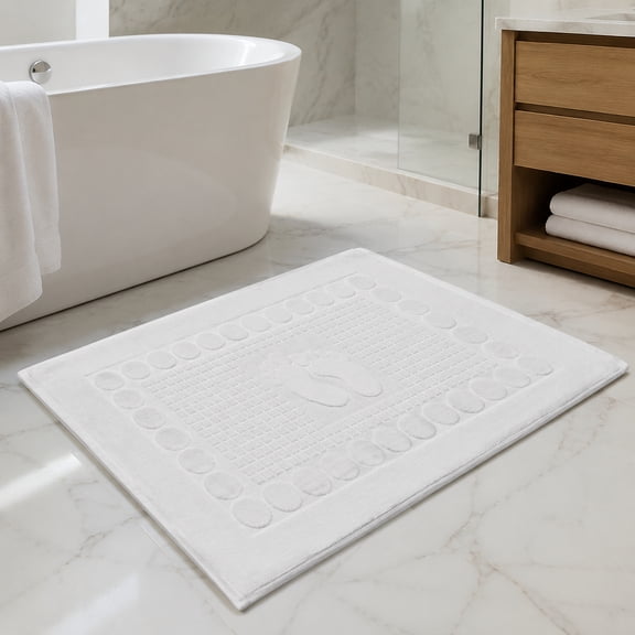 Hotel Style Cotton Bath Towel Mat, Premium Terry Shower Floor Mat, Ultra Absorbent Soft Foot Mat, Machine Washable Bathroom Mat for Tub Shower Vanity, White