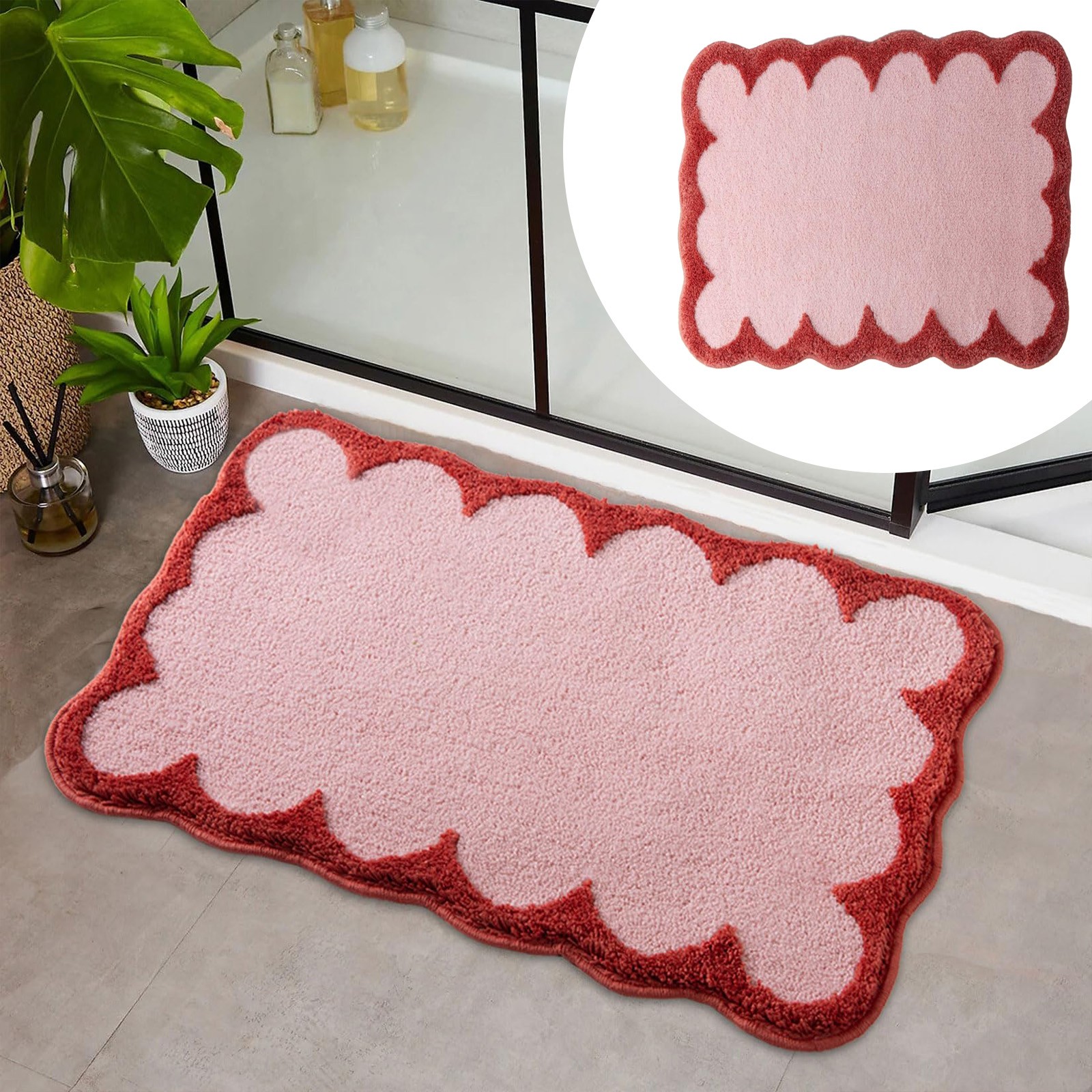 Bath Mats Pink Bathroom Rugs Non Slip Washable Cute Bath Mats, Soft Aesthetic Small Rugs for Bedroom, Scalloped Bath Mat, Home Decoration Mats 23.62x15.74 Inch (1Pcs)