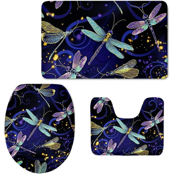 Bath Mats for Bathroom Non Slip Flannel Bathroom Mat Dragonfly Design Carpet Toilet Cover Rug Carpet 3 Piece Set