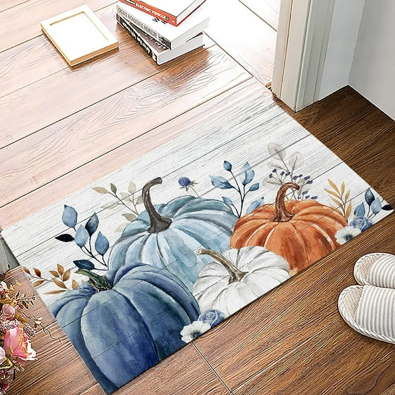 Bath Mats for Bathroom Thanksgiving Fall Blue Pumpkin Eucalyptus Leaves Grey Non Slip Bath Rug Welcome Front Door Mat Floor Mat Home Decor 20x32 Inch