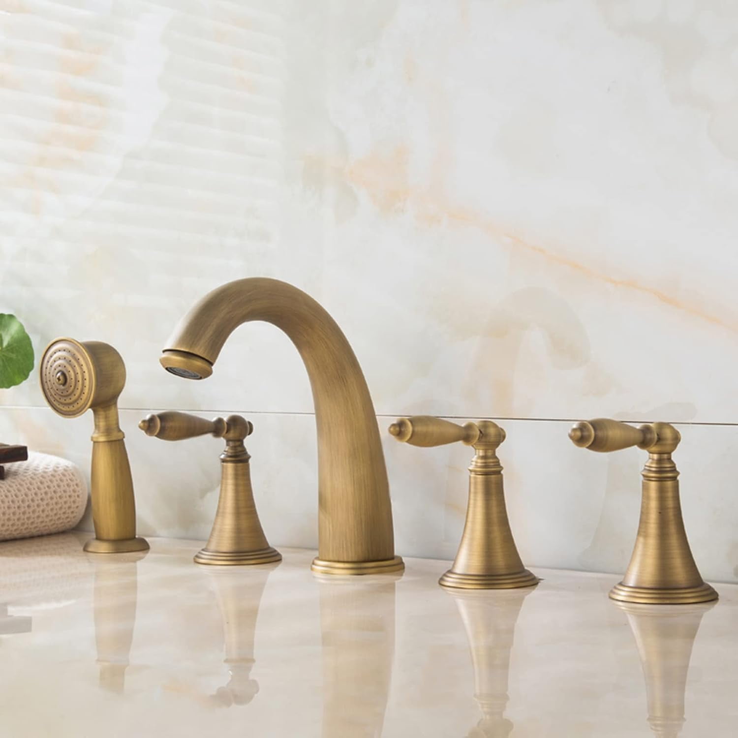 Bath Mixer Faucets With Shower, Bath Faucet Antique Brass 5 Holes Pull Out Shower Shower Mixer Faucet Set For Bathtub-C
