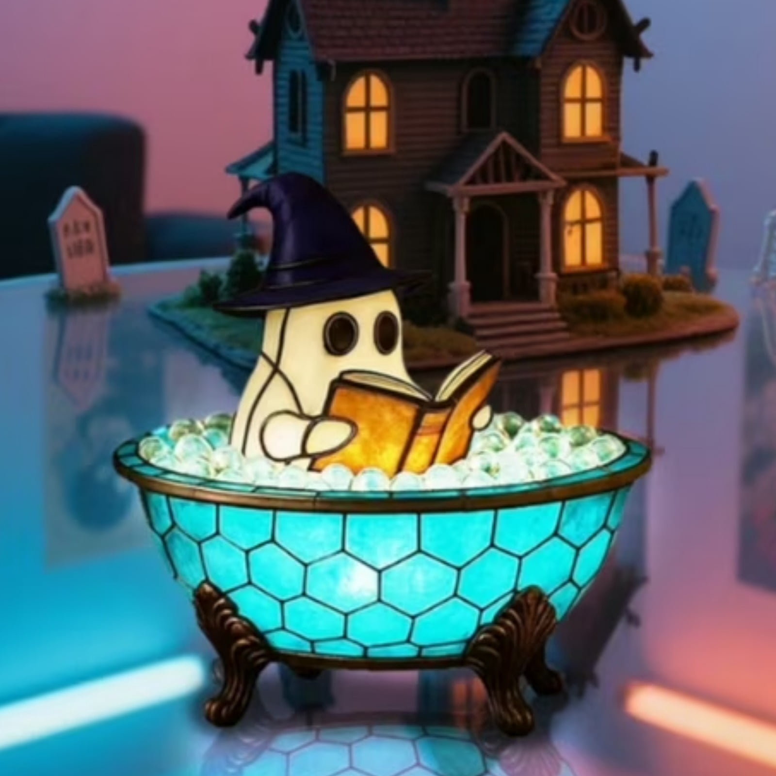 Ghost Bubble Bath Night Light - Cute LED Reading Ghost Lamp For Halloween Bathroom Decor