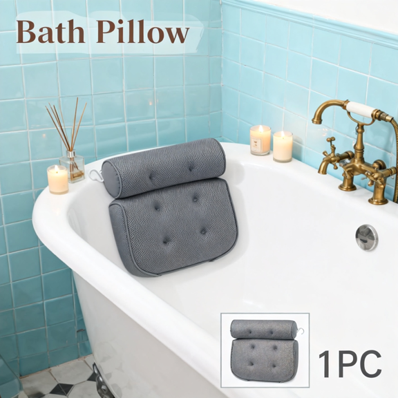 Bath Pillow Luxury Bathtub Pillow, Extra Soft & Comfortable Bath Pillow for Tub Head Neck and Back Support, with 4D Air Mesh Cushions & Non-Slip Suction Cups - Great Bath Gifts (Gray/Black)