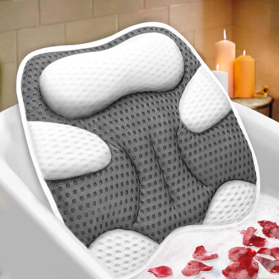 Bath Pillow for Tub Ergonomic Cat Shape Design Bath Pillow for Head and Neck Support SPA Gift Bathtub Pillow 4D Air-Mesh with 7 Suction Cups Washable Gray