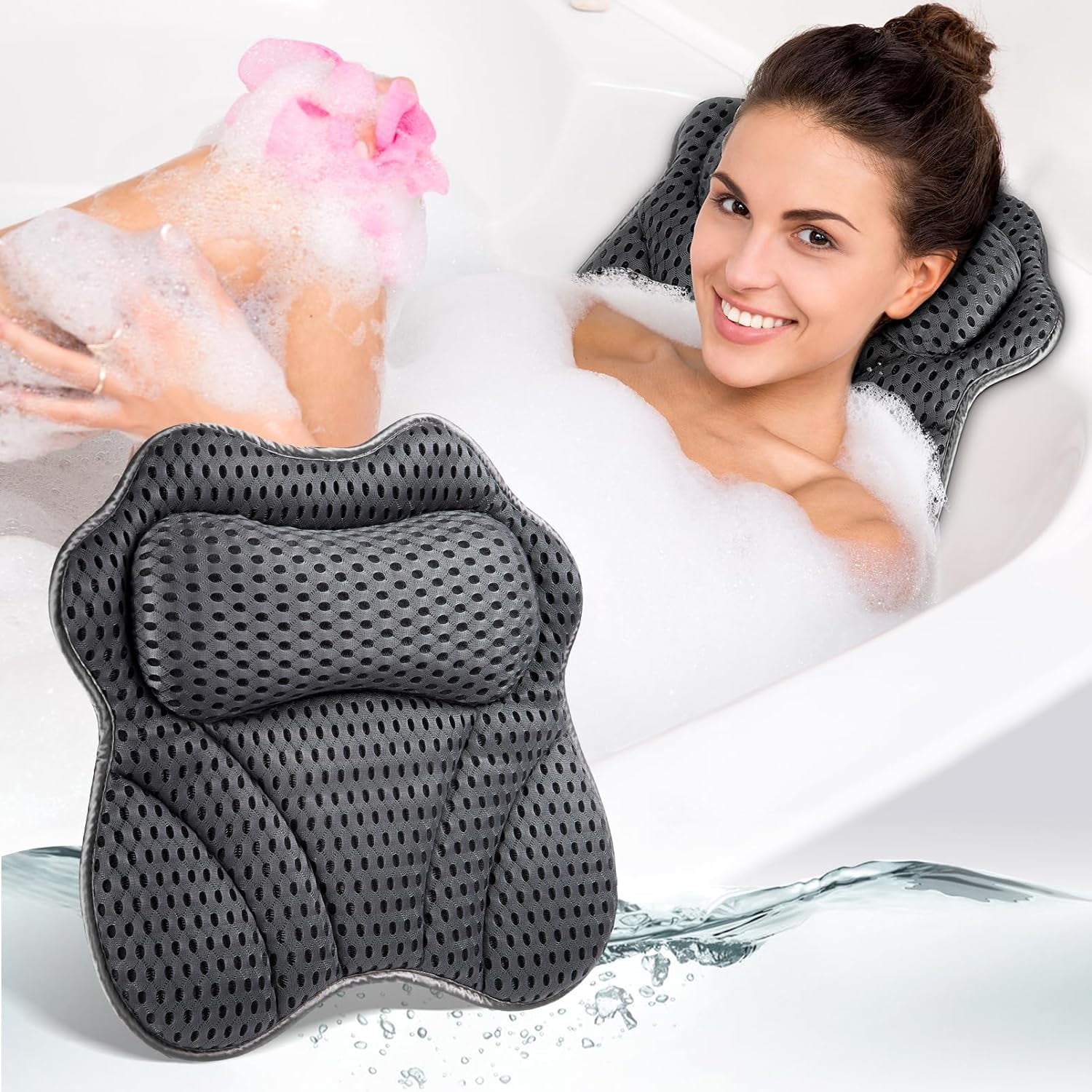 Bath Pillow for Tub Neck Back Support: 4D Air Mesh and Non-Slip Suction ...