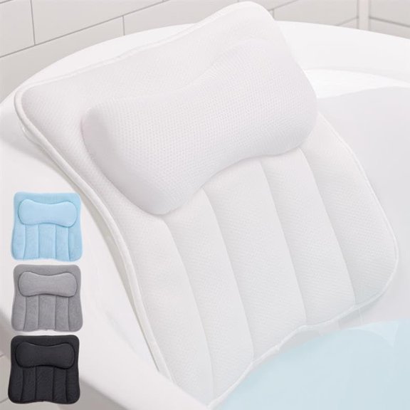 Bath Pillow for Tub, Strong Suction Cups, Headrest with Mesh FlexComfort Technology, Neck, Head and Back Support, Luxury Machine Wash Bathtub Pillows, Spa Essential Accessories, White