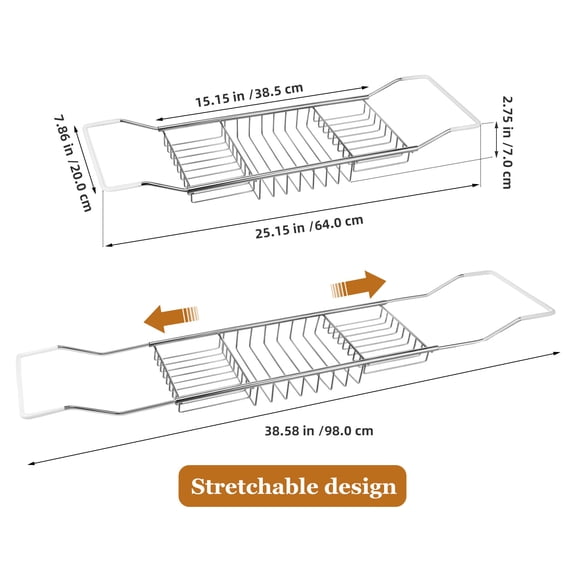 Adjustable Stainless Steel Bath Rack Bathtub Tray Organizer 63x20x4CM Expandable Travel Accessory