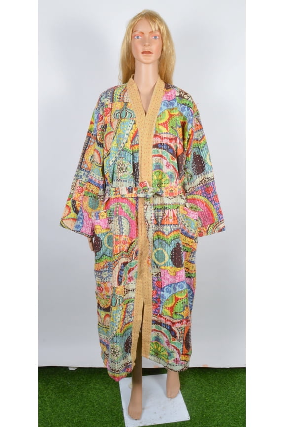Bath Robe 100% Cotton Indian Multi Patchwork Handmade Kantha Stitch Robe,Kimono,Beach Robe ,Swim Wear,Night Wear Free Size Dressing Gown