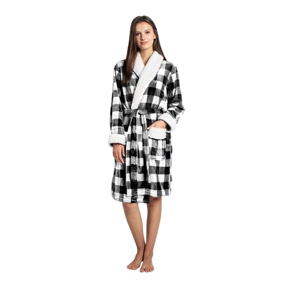 Bath Robe Sherpa Trim S/M White & Black Buffalo