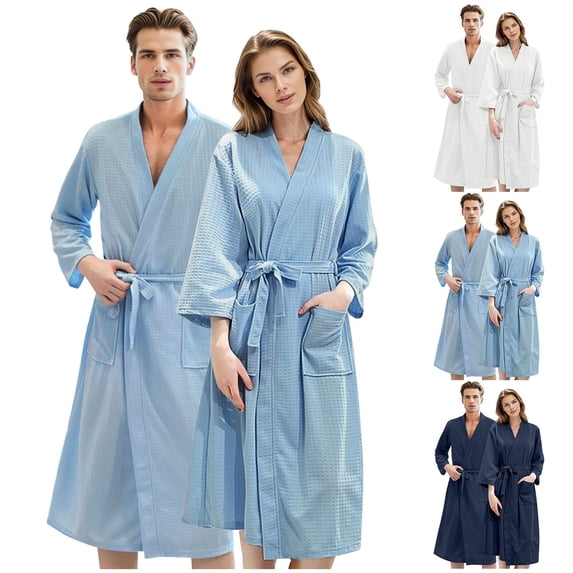 Bath Robe Soft Men Cotton Bath Robe Plus Size Towel Kimono Spa Lightweight Bathrobe Women Dressing Gown Sleepwear 3/4 Sleeve Loungewear with Pockets Navy L