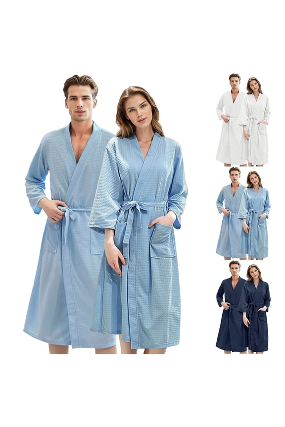Bath Robe Soft Men Cotton Bath Robe Plus Size Towel Kimono Spa Lightweight Bathrobe Women Dressing Gown Sleepwear 3/4 Sleeve Loungewear with Pockets White L