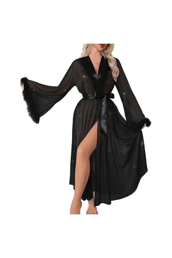 Bath Robe Women's Women's Sheer Mesh Robe Feathers Lace Long Nightgown Sleepwear Bridal Wedding Robe S-102 Black One Size