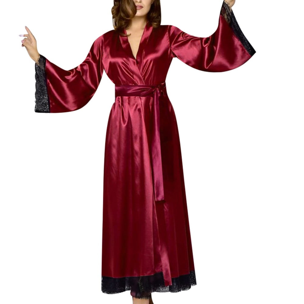 Bath Robes Womens Casual Long Silk Kimono Dressing Gown Bath Robe ...