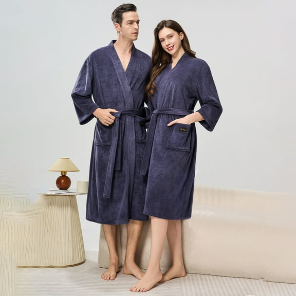 Bath Robes for Men Women with Pockets and Belt Plush Fleece Long Sleeve Bathrobes Couples Solid Warm Below-The-Knee Loungewear Shower Robe Pajamas