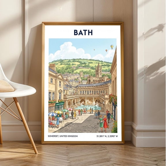 Bath Roman Baths Art Print: Vintage Travel Poster, British Cityscape, Unframed Canvas Size 16x24